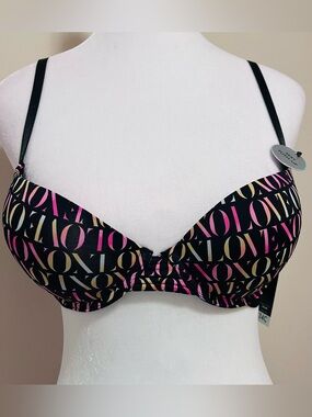 XOXO Black Push-Up Bra with Pink & Gold 'LOVE' Print